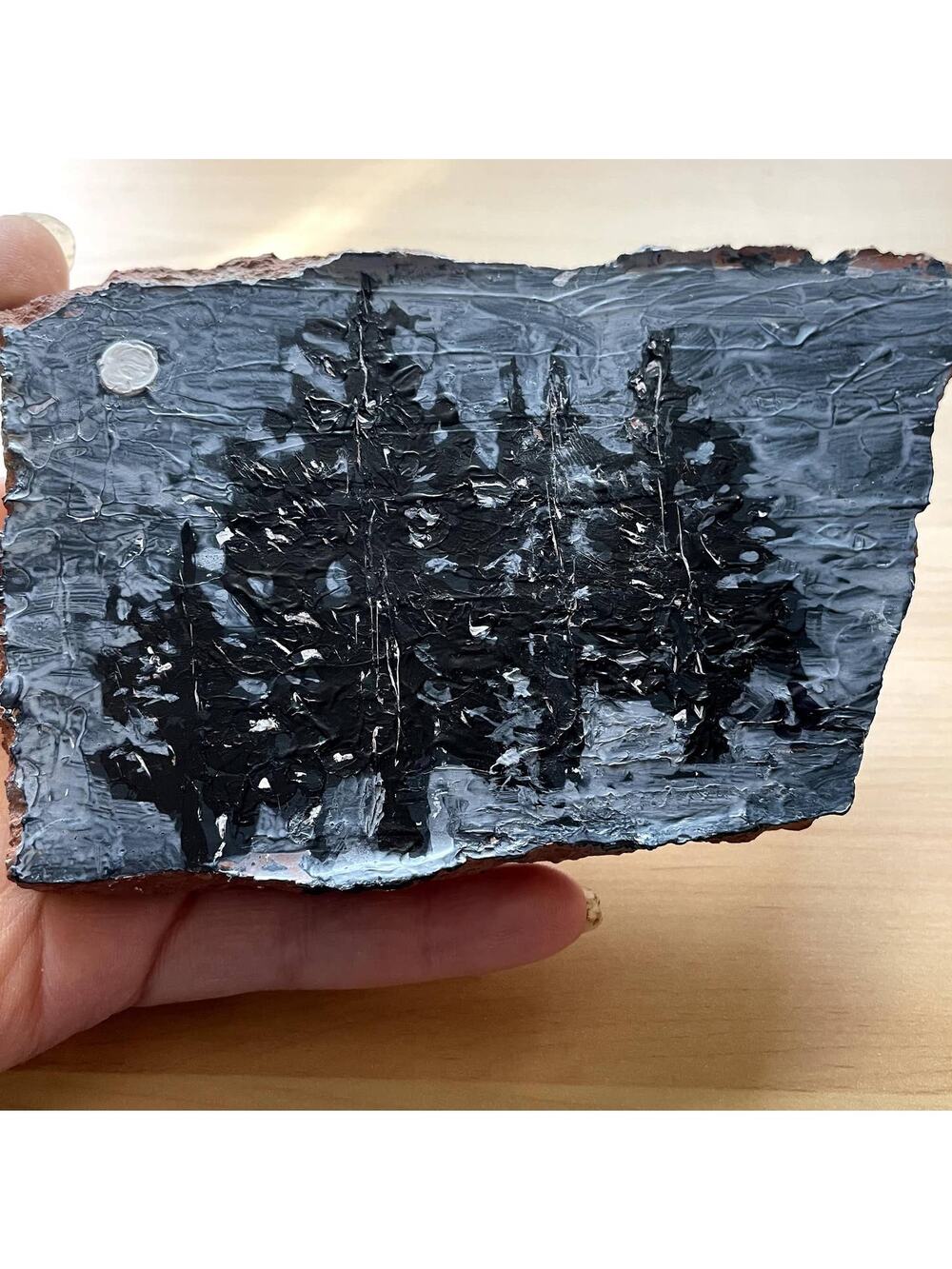 Evergreen By Moonlight Original Art Hand Painted Clay Rock Stone Flat